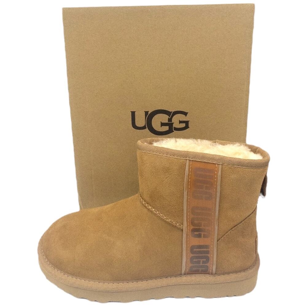 UGG Classic Mini Side Logo II Boots Women's 6 or 10 Chestnut Suede Winter Wool